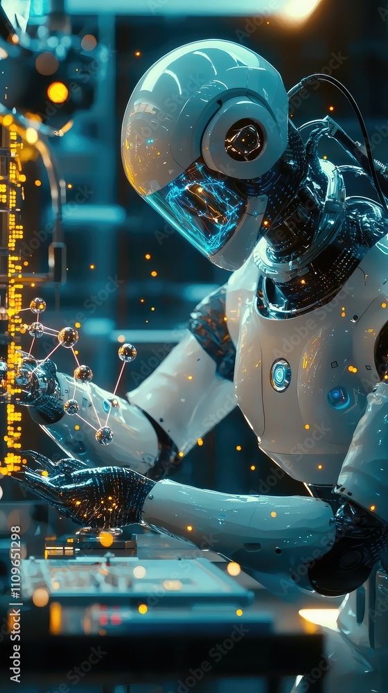 Fototapeta premium Futuristic Robot Scientist Conducting Research with Molecular Models and Data Visualizations in a High-Tech Laboratory Environment