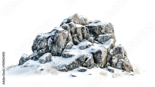 Snow-Covered Rock Formation in a Winter Landscape with a White Background, Highlighting Textures and Layers of Stone Surrounded by Soft Snow