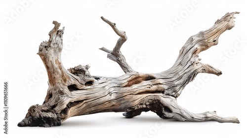 An old tree trunk, a dead tree isolated on a white background. A barn tree stump, also isolated.