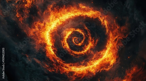 Spiraling Flames in Fiery Swirl of Cosmic Elements, Abstract Visualization of Heat and Light in a Dark Universe, Stunning Background Art for Creative Projects