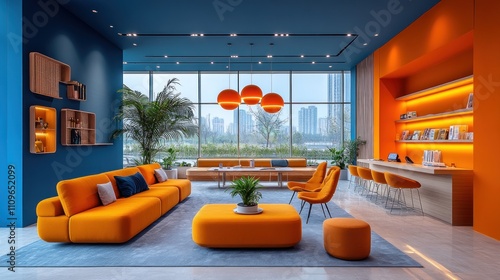Modern orange and blue lounge with city view, featuring comfortable seating, shelving, and ambient lighting.