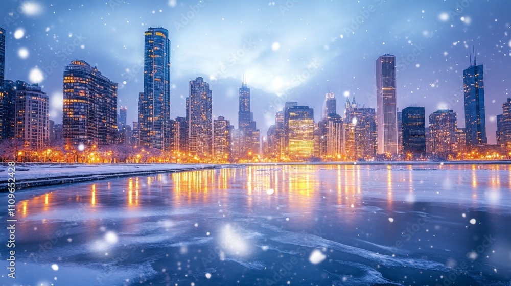 A Snowy Evening View of a City Skyline with Illuminated Buildings Reflected in a Frozen Lake A Snowy Evening View of a City Skyline with Illuminated Buildings Reflected in a Frozen Lake
