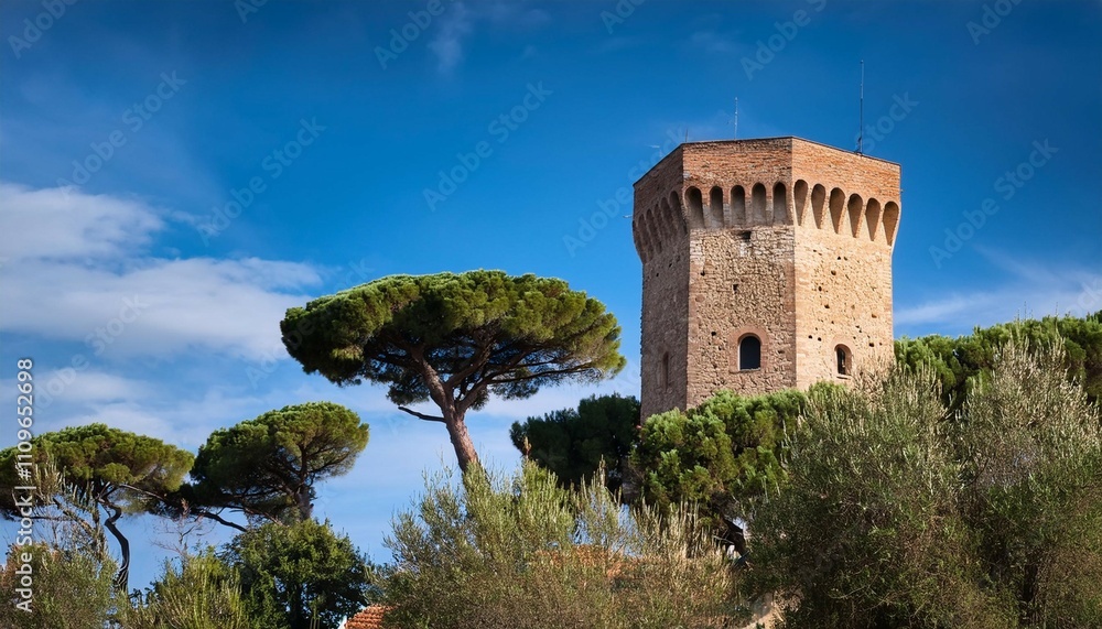 typical historic tower with pine trees in velettri a small village near rome italy typical historic tower with pine trees in velettri a small village near rome italy