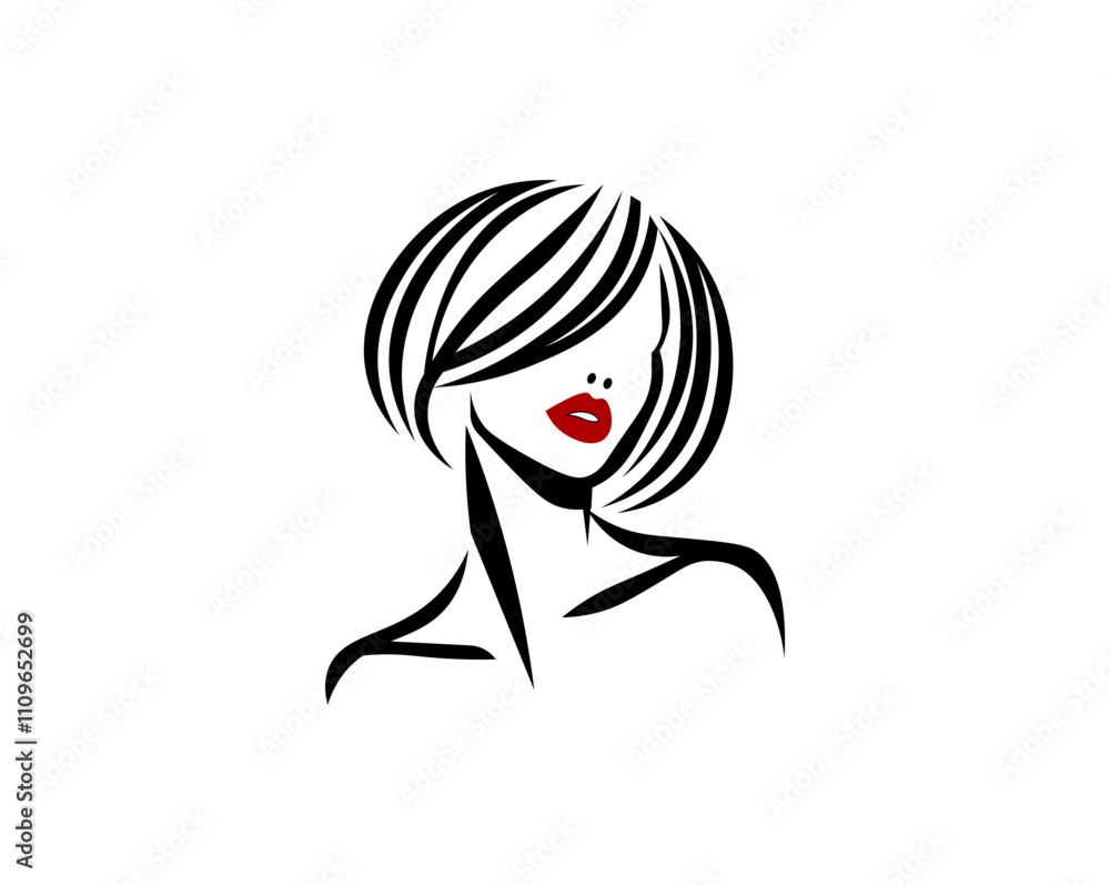 Vector illustration of black and white silhouette of a girl's face with curls and red lips Vector illustration of black and white silhouette of a girl's face with curls and red lips