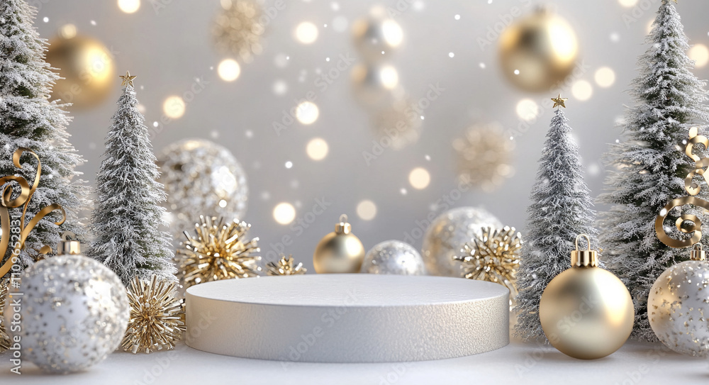 Holiday decorations with golden ornaments and snowy trees create a festive atmosphere for winter celebrations Holiday decorations with golden ornaments and snowy trees create a festive atmosphere for winter celebrations
