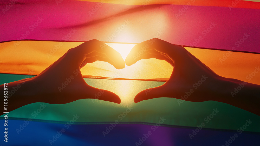 Silhouette of hands forming a heart against a rainbow flag background with sunlight shining through, symbolizing love, pride, and inclusivity. Silhouette of hands forming a heart against a rainbow flag background with sunlight shining through, symbolizing love, pride, and inclusivity.