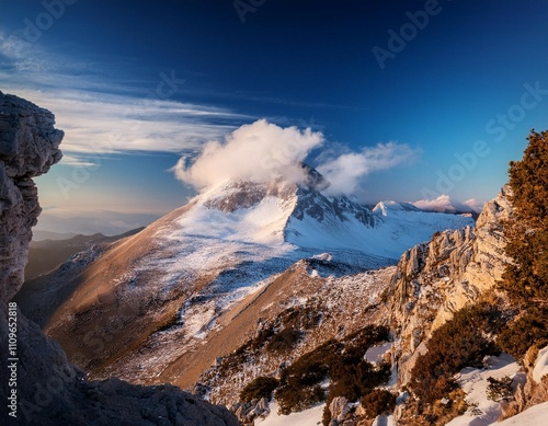 view to taygetos peak in greece photo