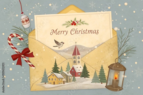 Illustrated Christmas card with an open envelope featuring a festive village scene, snowflakes, and holiday elements like a candy cane, lantern, and pine branches. Text reads 