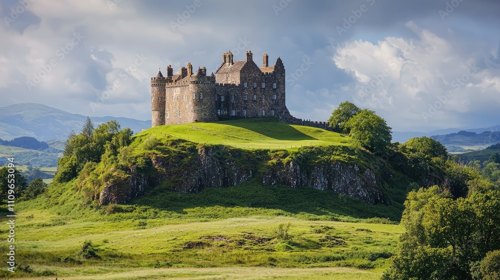 Majestic Medieval Castle on a Hilltop Surrounded by Lush Green Landscapes and Dramatic Skies, Evoking a Sense of History and Enchantment in Nature Majestic Medieval Castle on a Hilltop Surrounded by Lush Green Landscapes and Dramatic Skies, Evoking a Sense of History and Enchantment in Nature