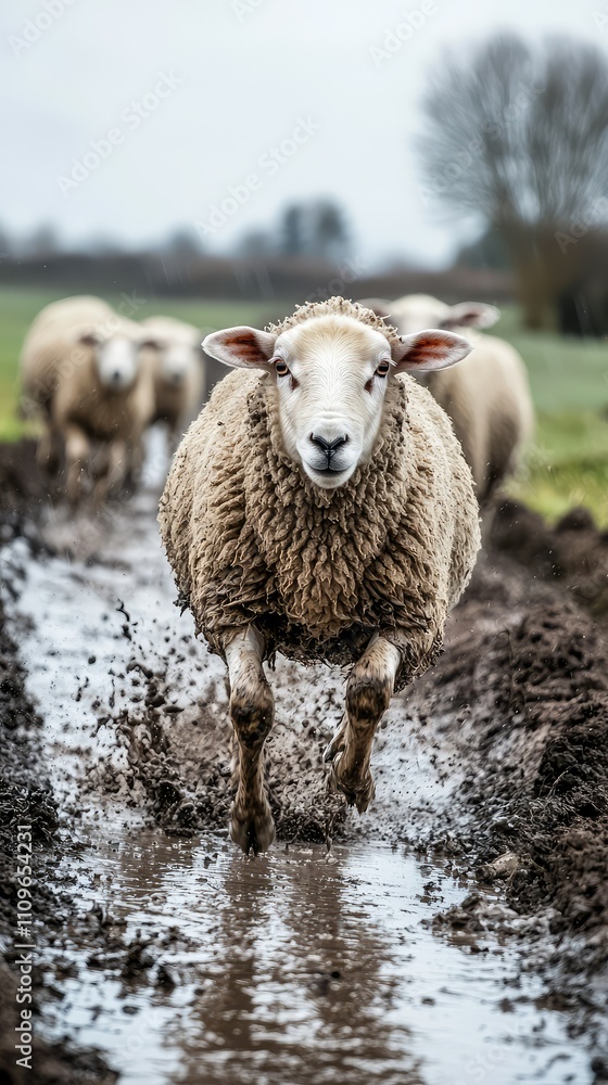 Obraz premium Playful Sheep Running Through Muddy Trail in Pastoral Landscape, Capturing the Essence of Farm Life and Natural Environment in Rural Setting