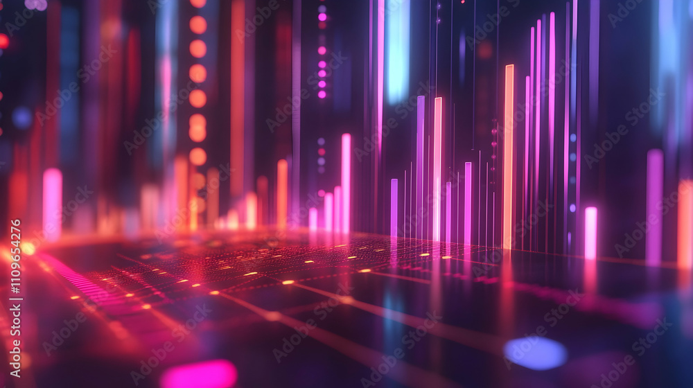 A vibrant display of pink and purple neon light bars resembling a futuristic city skyline or data visualization. A vibrant display of pink and purple neon light bars resembling a futuristic city skyline or data visualization.