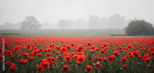 Misty red poppy field with a dense background of trees