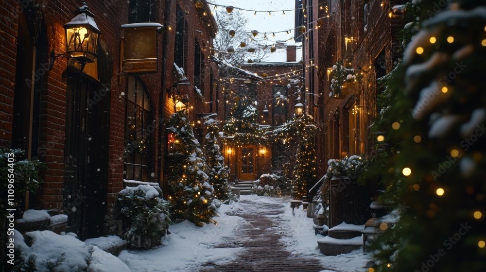Obraz premium Snowy brick alleyway with string lights and snow-covered trees