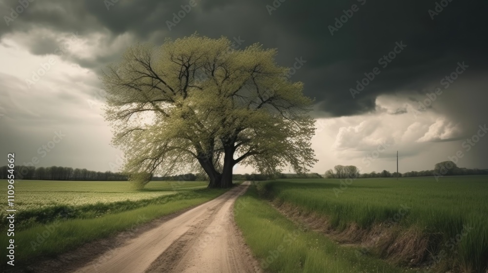 Obraz premium Serene Countryside Path Under a Dramatic Sky
