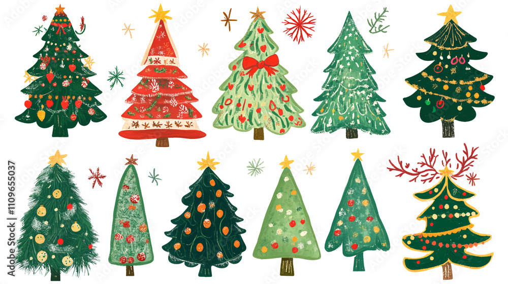 Set of hand drawn Christmas trees isolated on white background. Set of hand drawn Christmas trees isolated on white background.