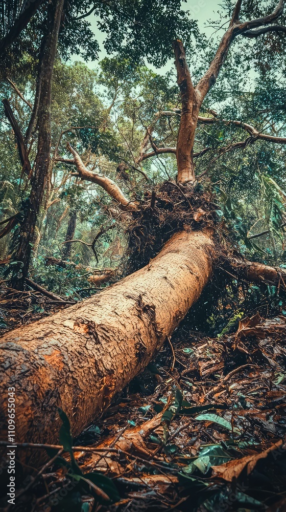 Giant fallen tree in a dense forest showcasing intricate bark textures and vibrant greenery, symbolizing the beauty of nature and ecological balance in a tranquil setting. Giant fallen tree in a dense forest showcasing intricate bark textures and vibrant greenery, symbolizing the beauty of nature and ecological balance in a tranquil setting.