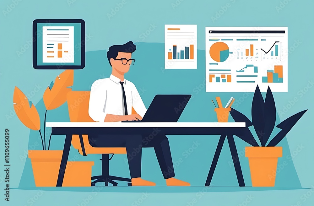 An illustration in 2D flat style featuring a character using digital tools to plan and manage their new business venture. The minimalist design emphasizes the role of technology in modern An illustration in 2D flat style featuring a character using digital tools to plan and manage their new business venture. The minimalist design emphasizes the role of technology in modern