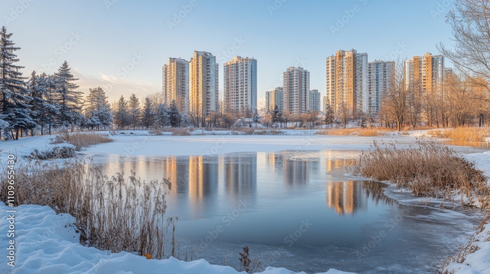Obraz premium Snowy Shoreline and Frozen Lake with City Skyline Reflections