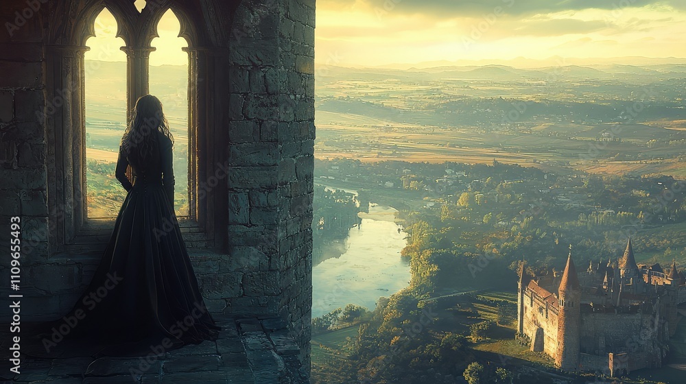 Enigmatic Woman in Dark Dress Gazes Out from Stone Castle Window Overlooking Serene Landscape at Dusk with Rolling Hills and Majestic River Enigmatic Woman in Dark Dress Gazes Out from Stone Castle Window Overlooking Serene Landscape at Dusk with Rolling Hills and Majestic River