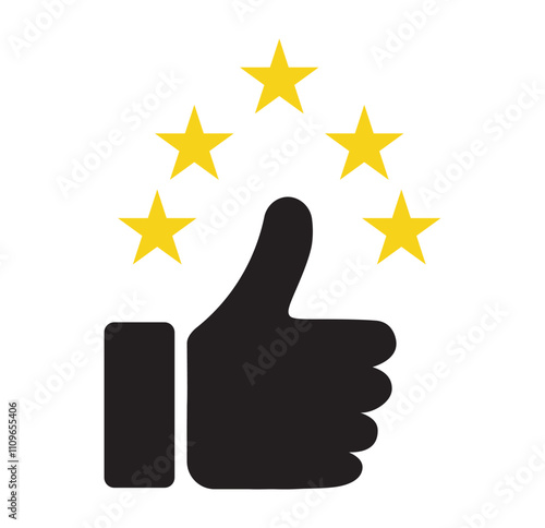 Thumb up and five stars vector icons. Best rating. High service. Thumb up vector illustration.