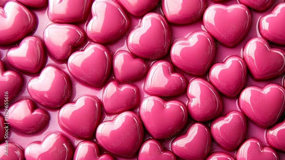 Cluster of glossy magenta hearts on a seamless pink background. Represents bold love, romance, and a vibrant, playful aesthetic Cluster of glossy magenta hearts on a seamless pink background. Represents bold love, romance, and a vibrant, playful aesthetic