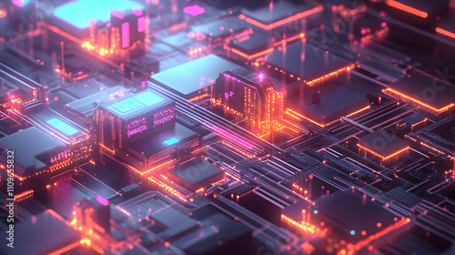 Wallpaper Mural A glowing circuit board resembling a cityscape, illuminated with pink and orange neon lighting.

 Torontodigital.ca