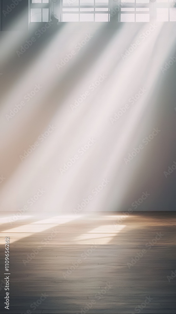 Obraz premium Soft Sunlight Streaming Through Windows, Casting Gentle Shadows on a Minimalist Wooden Floor in a Bright and Airy Empty Room