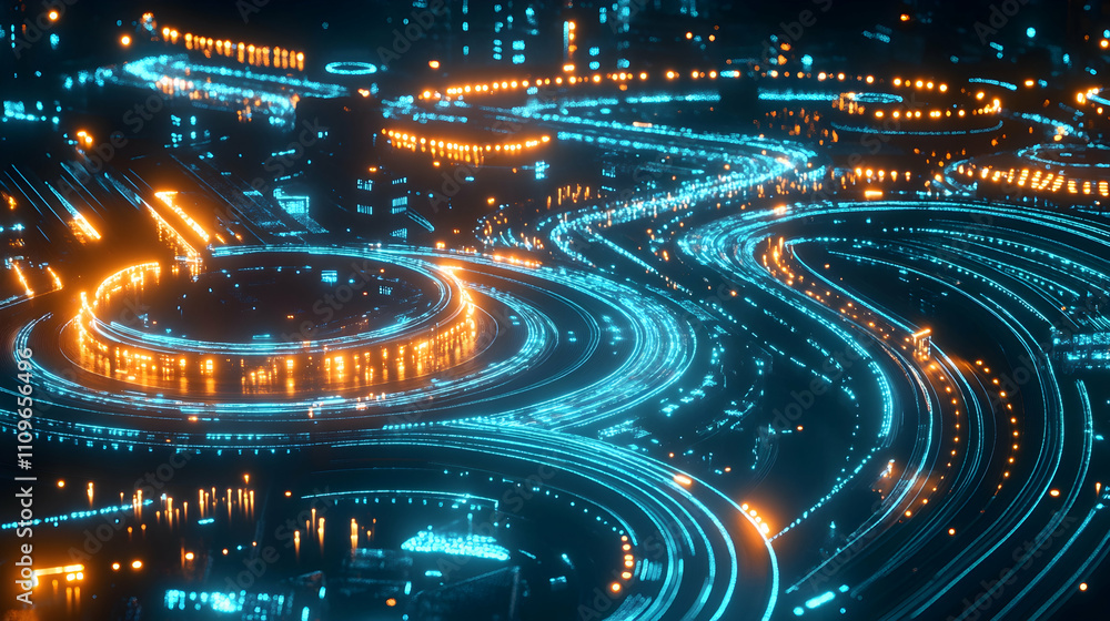 Fototapeta premium A futuristic highway system with bright blue and orange lights illuminating a complex road network.