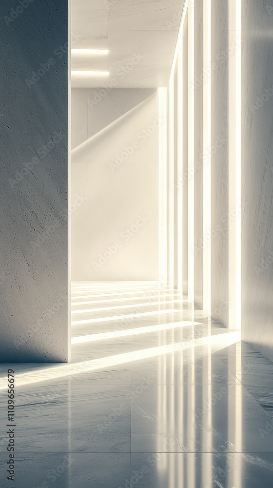 Obraz premium Modern Minimalist Interior with Geometric Lighting and Sleek Surface in a Bright, Spacious Corridor Highlighting Contemporary Design Aesthetics