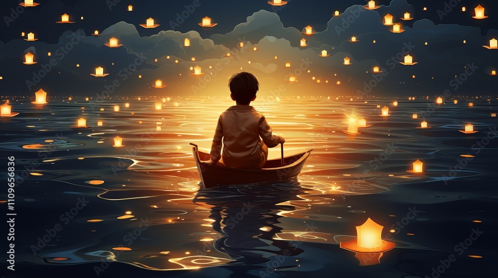 Child in a boat surrounded by floating lanterns on a tranquil evening. Generative AI Child in a boat surrounded by floating lanterns on a tranquil evening. Generative AI