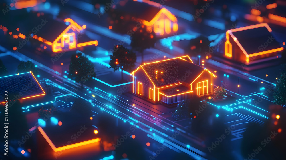 Naklejka premium A suburban neighborhood with glowing orange and blue outlines around houses, symbolizing connected smart homes.