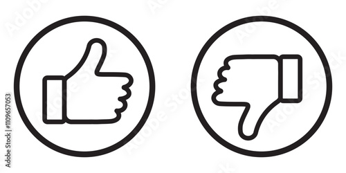 Thumps up and down, vector icon. Thumb up and down outline icon isolated on white background. Like and dislike social network pictograms isolated on white background. 