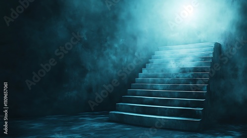 Mysterious stone staircase ascending into a smoky, dimly lit space.