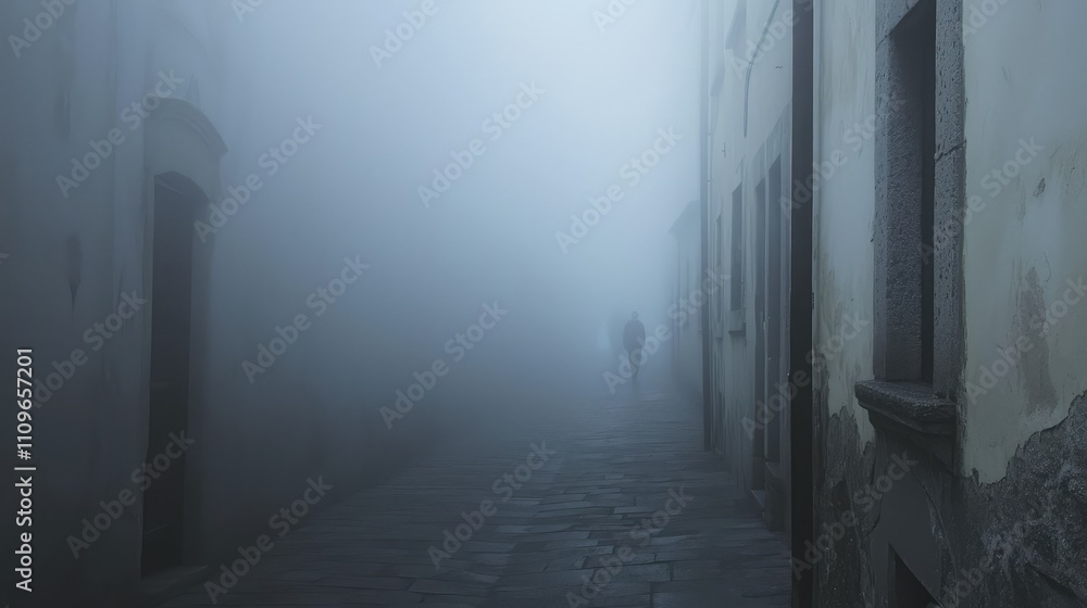 Mysterious Foggy Alley with Silhouette of a Person Walking in the Misty Environment, Evoking Feelings of Solitude and Intrigue in a Urban Setting Mysterious Foggy Alley with Silhouette of a Person Walking in the Misty Environment, Evoking Feelings of Solitude and Intrigue in a Urban Setting