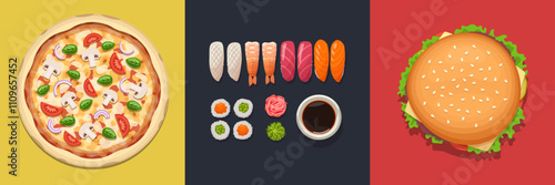 Realistic street food set. Pizza, sushi, burger. Top view. Vector illustration.