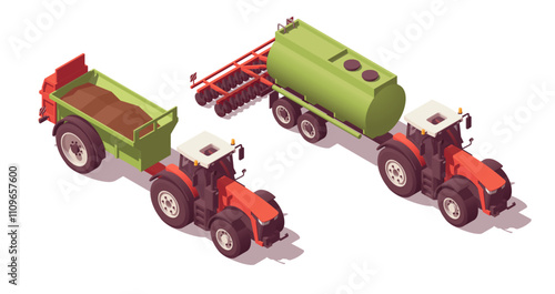 Set of isometric low poly tractors with manure spreaders. Vector illustrator