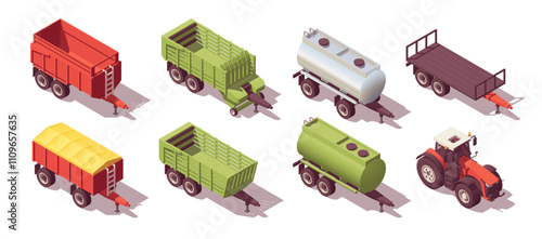 Set of isometric low poly trailers for tractor. Different types of trailers on white. Vector illustrator