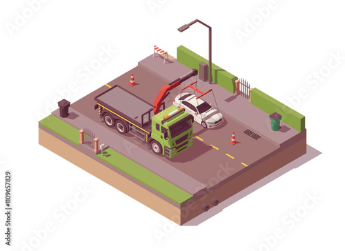 Isometric tow truck towing car on the street. Vector illustration
