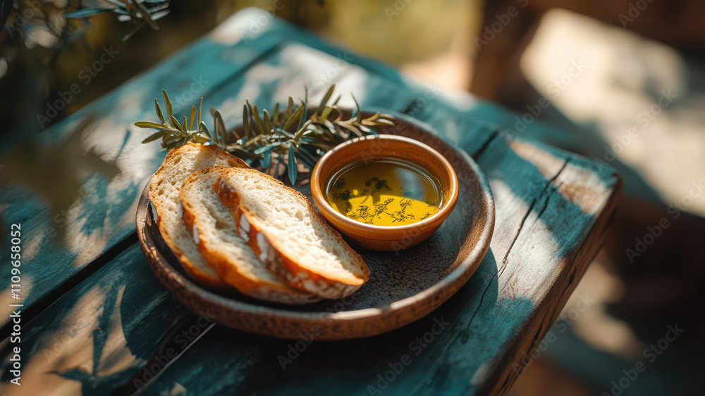 Bread and Olive Oil on Rustic Plate Bread and Olive Oil on Rustic Plate