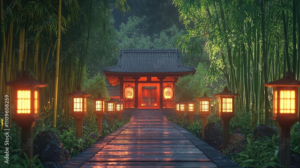 Serene Pathway Through Lush Bamboo Forest Leading to Tranquil Traditional Pavilion Illuminated by Lanterns Under Calm Rainy Ambiance Serene Pathway Through Lush Bamboo Forest Leading to Tranquil Traditional Pavilion Illuminated by Lanterns Under Calm Rainy Ambiance