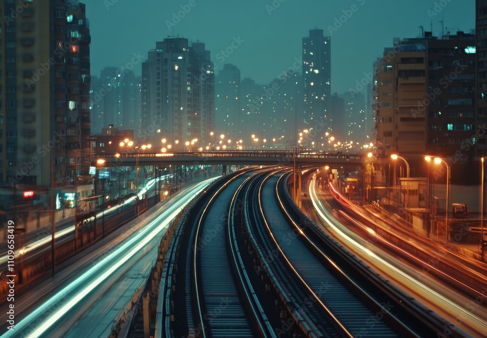 Nighttime Cityscape with Illuminated Train Tracks and Skyscrapers Under a Starry Sky, Capturing the Energy and Vibrance of Urban Life in a Modern Metropolis Nighttime Cityscape with Illuminated Train Tracks and Skyscrapers Under a Starry Sky, Capturing the Energy and Vibrance of Urban Life in a Modern Metropolis