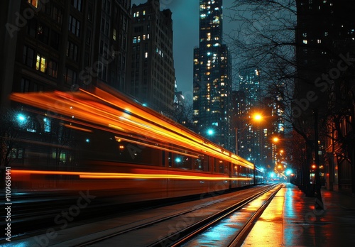 Nighttime Cityscape Featuring a Moving Train with Blurred Lights Amidst Tall Buildings and Glowing Street Lamps in an Urban Setting