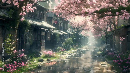 A beautiful illustration of a cherry blossom street in Japan
