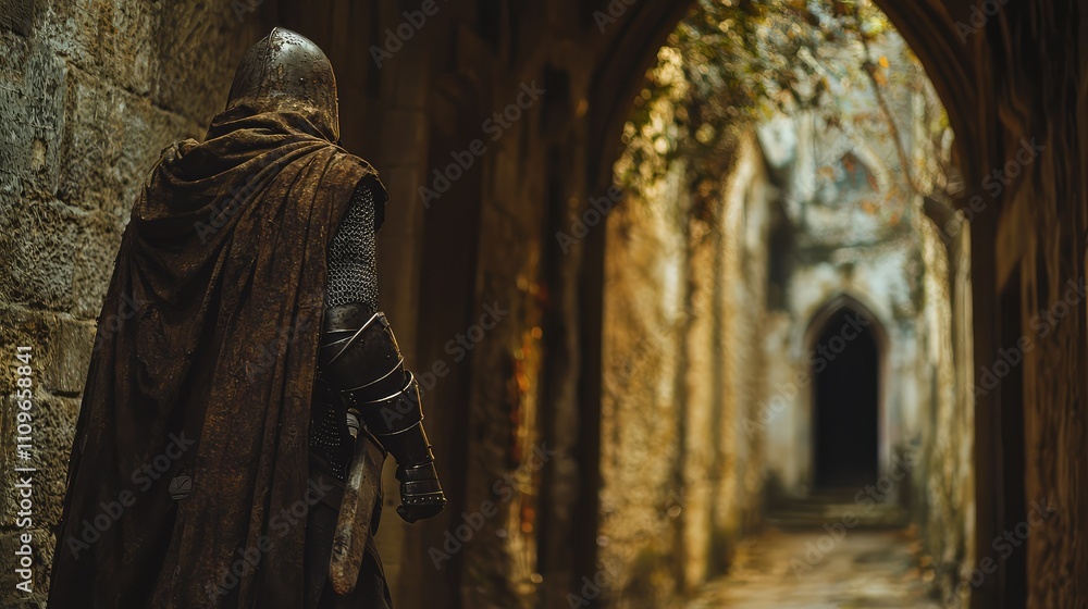 Mysterious Knight in Cloak Walking Through Ancient Stone Alleyway Surrounded by Arched Doorways and Historic Architecture Mysterious Knight in Cloak Walking Through Ancient Stone Alleyway Surrounded by Arched Doorways and Historic Architecture