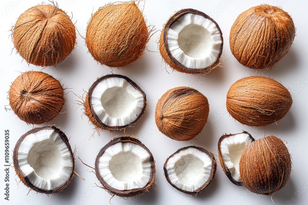 Flat lay of whole and halved coconuts on white background. Flat lay of whole and halved coconuts on white background.