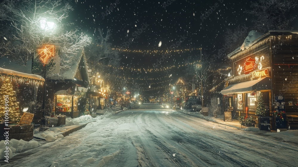 Obraz premium Snowy Night Street Scene with Christmas Lights and a Rustic Store