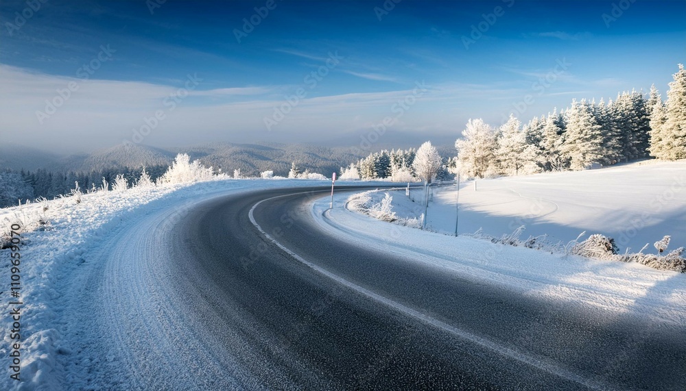 curvy road in a cold frosty winter landscape view curvy road in a cold frosty winter landscape view
