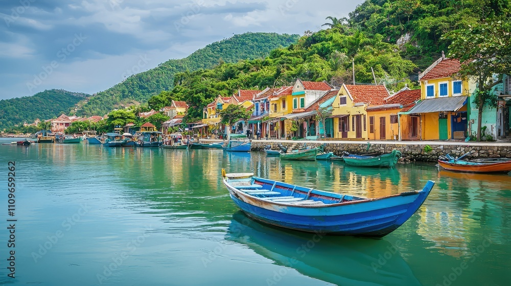 Colorful Houses and Traditional Boats in a Serene Waterfront Village Surrounded by Lush Green Mountains Under a Blue Sky in a Picturesque Landscape Colorful Houses and Traditional Boats in a Serene Waterfront Village Surrounded by Lush Green Mountains Under a Blue Sky in a Picturesque Landscape