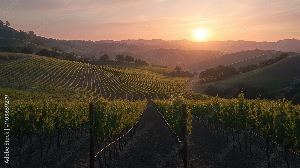 Fototapeta premium Breathtaking Sunset Over Lush Vineyard Landscape with Rolling Hills, Grapevines, and Serene Skies Creating a Perfect Rural Scene for Wine Lovers and Nature Enthusiasts