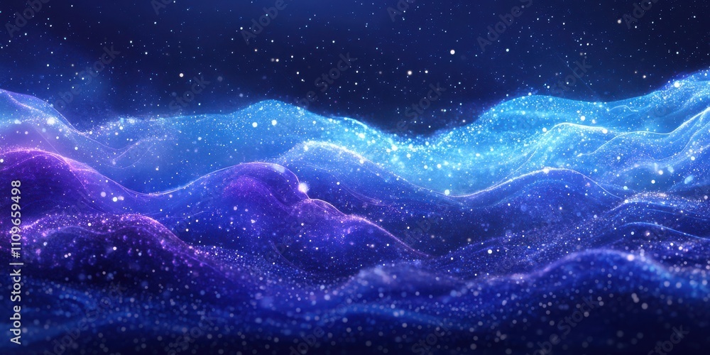Fototapeta premium Vibrant Cosmic Landscape with Twinkling Stars and Luminous Waves Set Against a Deep Space Background, Capturing the Mystique of the Universe's Beauty and Wonder